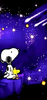 Snoopy and Woodstock sitting under a starry purple sky.