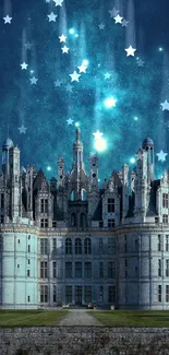 Majestic castle under a starry night sky with vibrant blue hues.