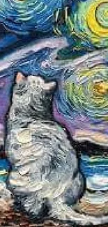 Artistic wallpaper with a cat under a starry sky in vivid colors.