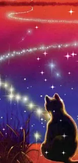 A cat gazes at a starry purple and orange horizon, creating a mystical scene.