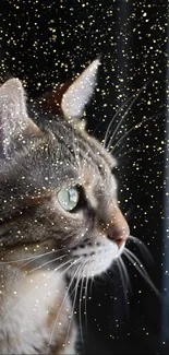 Cat with golden sparkles in a dark background wallpaper.