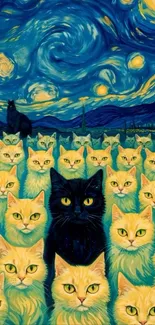 Cats against a starry night sky wallpaper design.
