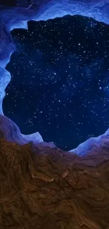 Mobile wallpaper of a starry sky seen through a rocky cave opening.