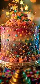 Colorful star-decorated cake on stand.