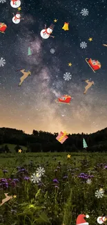 Starry Christmas night with Santa and reindeer over a meadow.