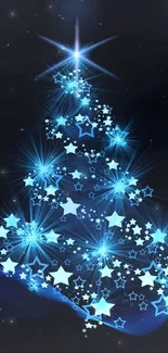 Starry Christmas tree with blue illuminating stars.