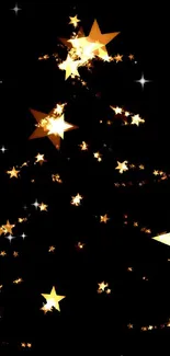 Glowing Christmas tree with stars on black background wallpaper.