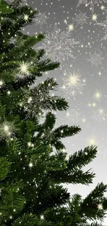 A vibrant Christmas tree with sparkling lights on a snowy background.