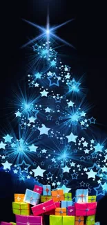 Starry Christmas tree with colorful gifts under a deep blue sky.