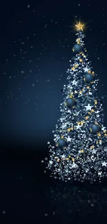 Starry Christmas tree with dark backdrop, sparkling festive design.