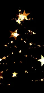 Golden starry Christmas tree on black background wallpaper.