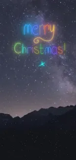 Starry night Christmas wallpaper with colorful Merry Christmas text.