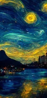 Starry night cityscape art with swirling blues and yellows, inspired by Van Gogh.