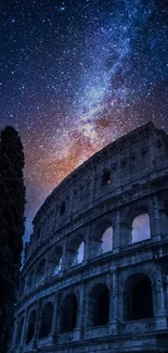 Colosseum with starry night sky backdrop wallpaper.