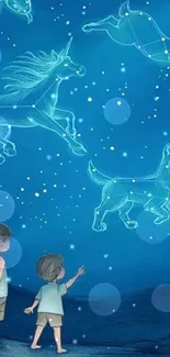 Whimsical wallpaper with animal constellations in a starry night sky.