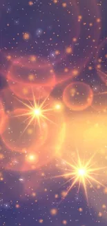 Vibrant cosmic wallpaper with stars and glowing orbs in golden hues.