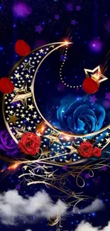 Starry crescent moon with golden stars and roses on a dark blue background.