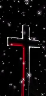 Glowing cross amidst starry night background.