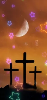 Three crosses silhouetted against a starry, moonlit orange sky.