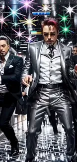 Men in sleek silver suits dance in a starry, reflective elevator.