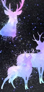 Cosmic deer silhouettes against a starry galaxy background with pastel tones.