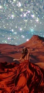 Woman in red dress gazing at a starry desert night sky.