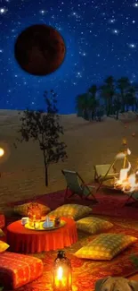 Desert night scene with starry sky, campfire, and cozy setup.