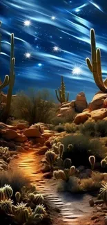 Starry desert nightscape with cacti and glowing pathway.