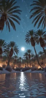 Palm trees under a starry night sky with moonlit water reflection.