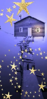 Mystical night scene with stars and dock leading to a cozy house.