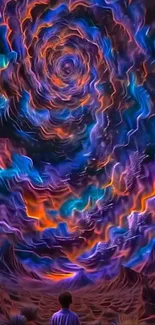 A vibrant dreamscape with a swirling, colorful night sky viewed by a lone figure.