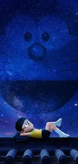 Animated character under a starry night sky.