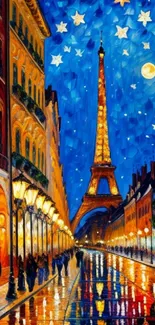 Starry night in Paris with Eiffel Tower and vibrant reflections.