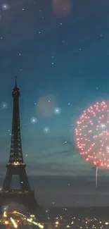 Eiffel Tower with fireworks against a starry night sky.