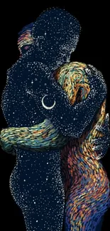 Starry embrace of cosmic figures against black.