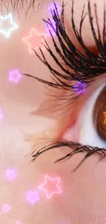 Close-up of an eye with colorful glowing stars.