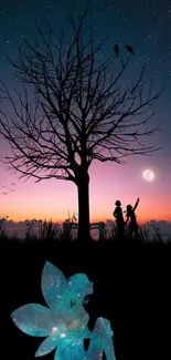 Silhouetted fairy and tree against a twilight sky with stars.