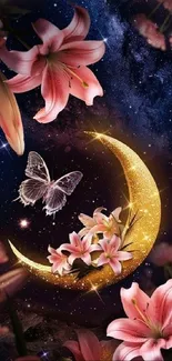 Starry floral scene with a golden moon and butterfly.