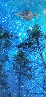 Starry night sky over forest with distant planet.