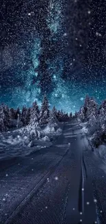 Snowy forest under a starry night sky wallpaper.