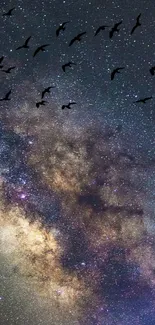 Starry galaxy wallpaper with birds soaring.