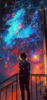 Person gazing into a vibrant, starry galaxy.