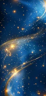 Starry galaxy wallpaper with blue and gold hues for mobile devices.