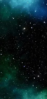 Starry galaxy wallpaper with dark blue and green hues and bright stars.