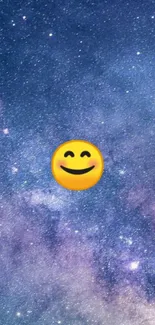 Smiley emoji on galaxy starry background.