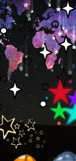 Galaxy-themed world map with colorful stars on mobile wallpaper.