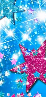 Vibrant blue and pink glitter star wallpaper with sparkling effects.