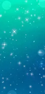 Starry blue-green gradient wallpaper with sparkling stars.