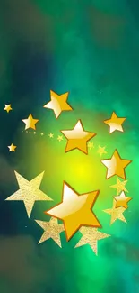 Golden stars on a vibrant green background create a stunning mobile wallpaper.