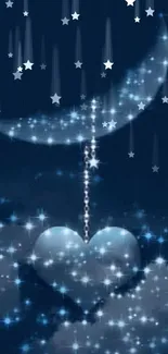 Starry heart and crescent moon in dark blue sky wallpaper.